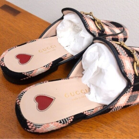 NIB Gucci Princetown Bit Logo Loafer 36 Fancy Tweed Damier Black Pink Mule Slide - Picture 9 of 14